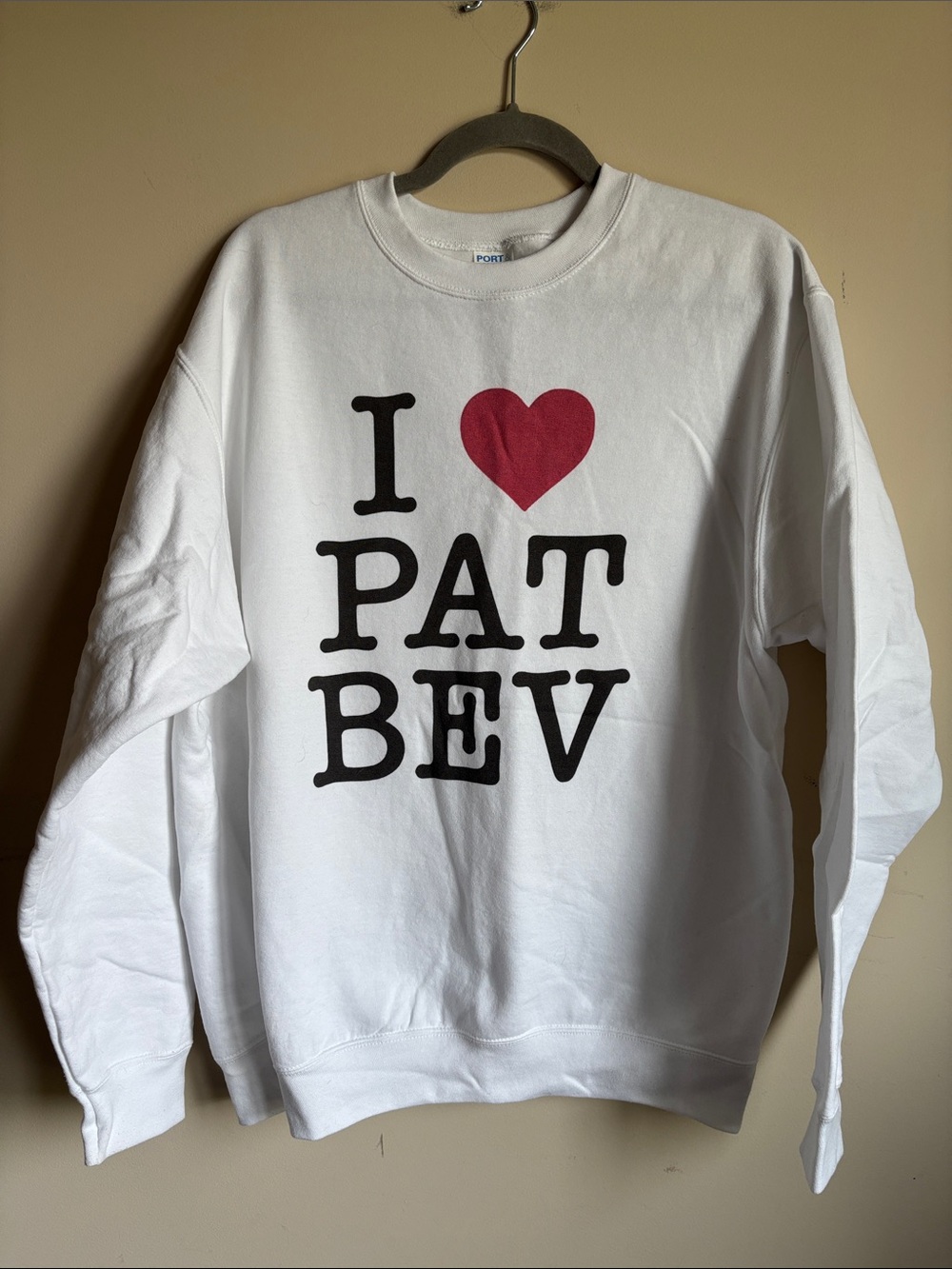 Port and Company White Sweatshirt with Red Heart and Black 'PAT BEV' Graphic